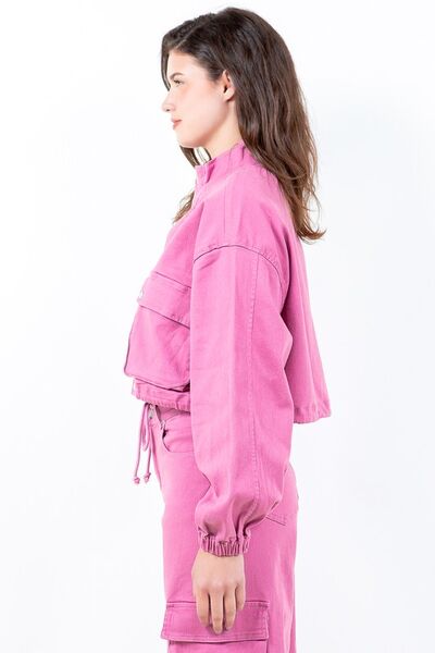 Stylish pink cropped worker jacket with drawstring hem and cargo pockets, perfect for a trendy and utilitarian look.