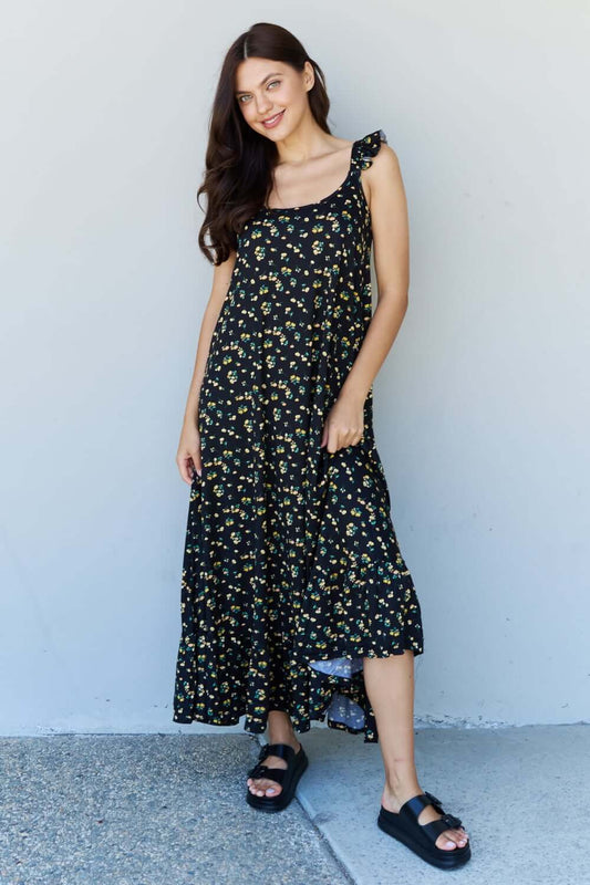DOUBLJU In The Garden Ruffle Floral Maxi Dress in Black Yellow Floral at Bella Road
