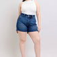 Judy Blue plus size denim shorts with double button waistband, high-waisted fit, perfect for stylish summer looks.