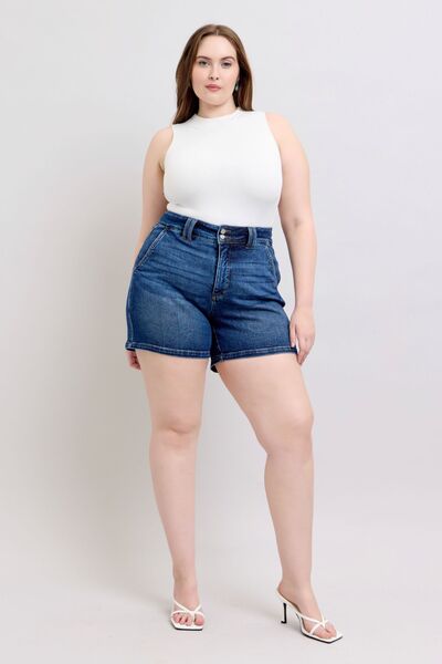 Judy Blue plus size denim shorts with double button waistband, high-waisted fit, perfect for stylish summer looks.