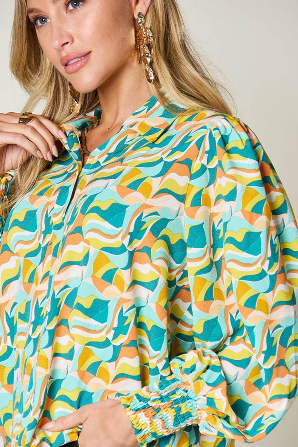 DOUBLE TAKE Full Size Printed Smocked Long Sleeve Blouse at Bella Road