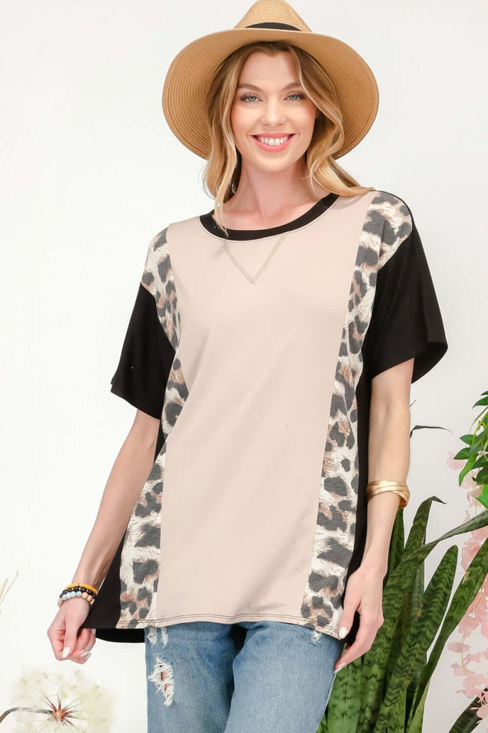 CELESTE Full Size Leopard Color Block T-Shirt at Bella Road