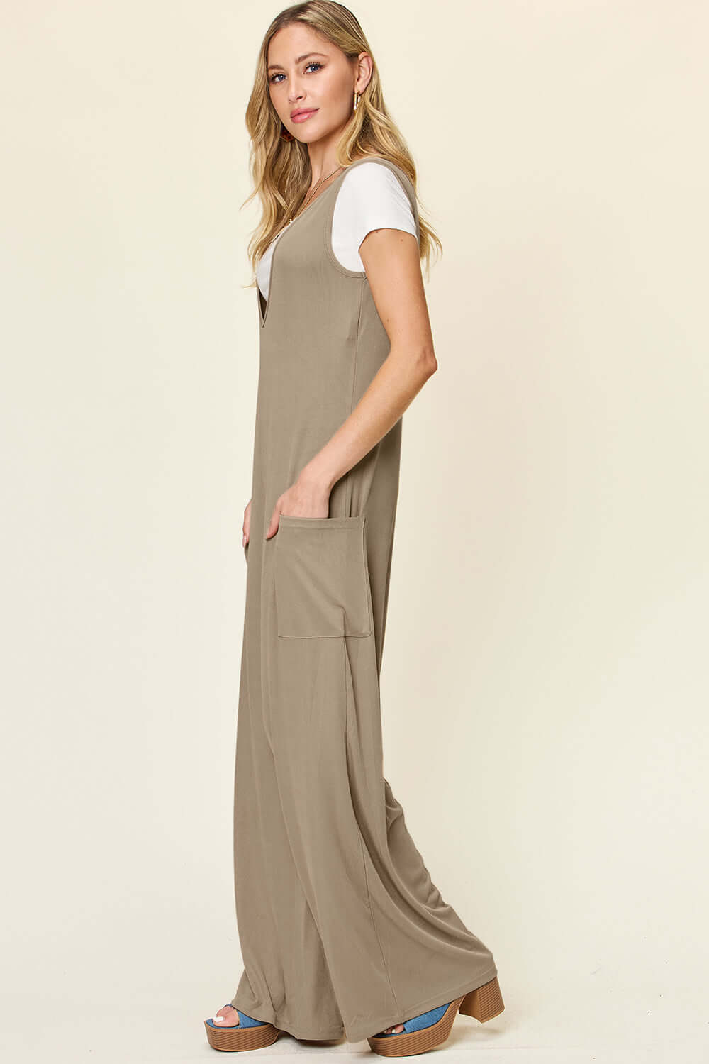 DOUBLE TAKE Full Size Sleeveless Wide Leg Jumpsuit with Pockets at Bella Road