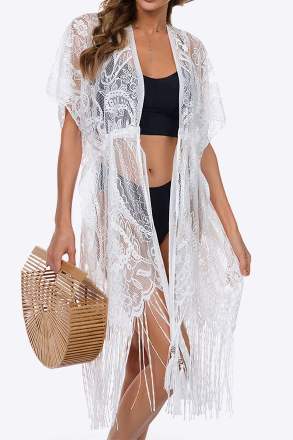 BELLA ROAD Fringe Trim Lace Cover-Up Dress at Bella Road