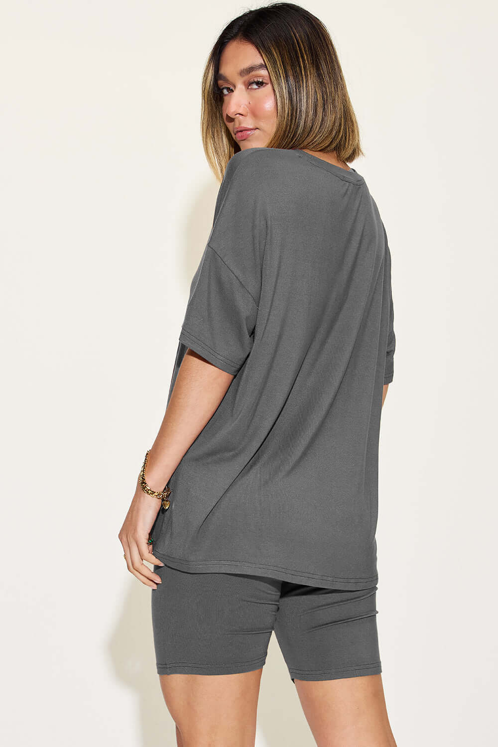 BASIC BAE Full Size V-Neck Drop Shoulder T-Shirt and Shorts Set at Bella Road