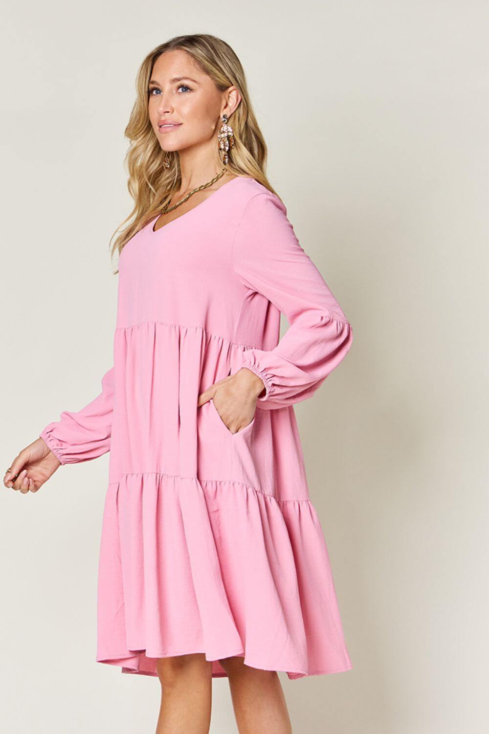 DOUBLE TAKE Full Size V-Neck Balloon Sleeve Tiered Dress at Bella Road