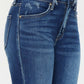 Stylish high-rise ankle skinny jeans in dark blue denim with double waistband and distressed release hem.