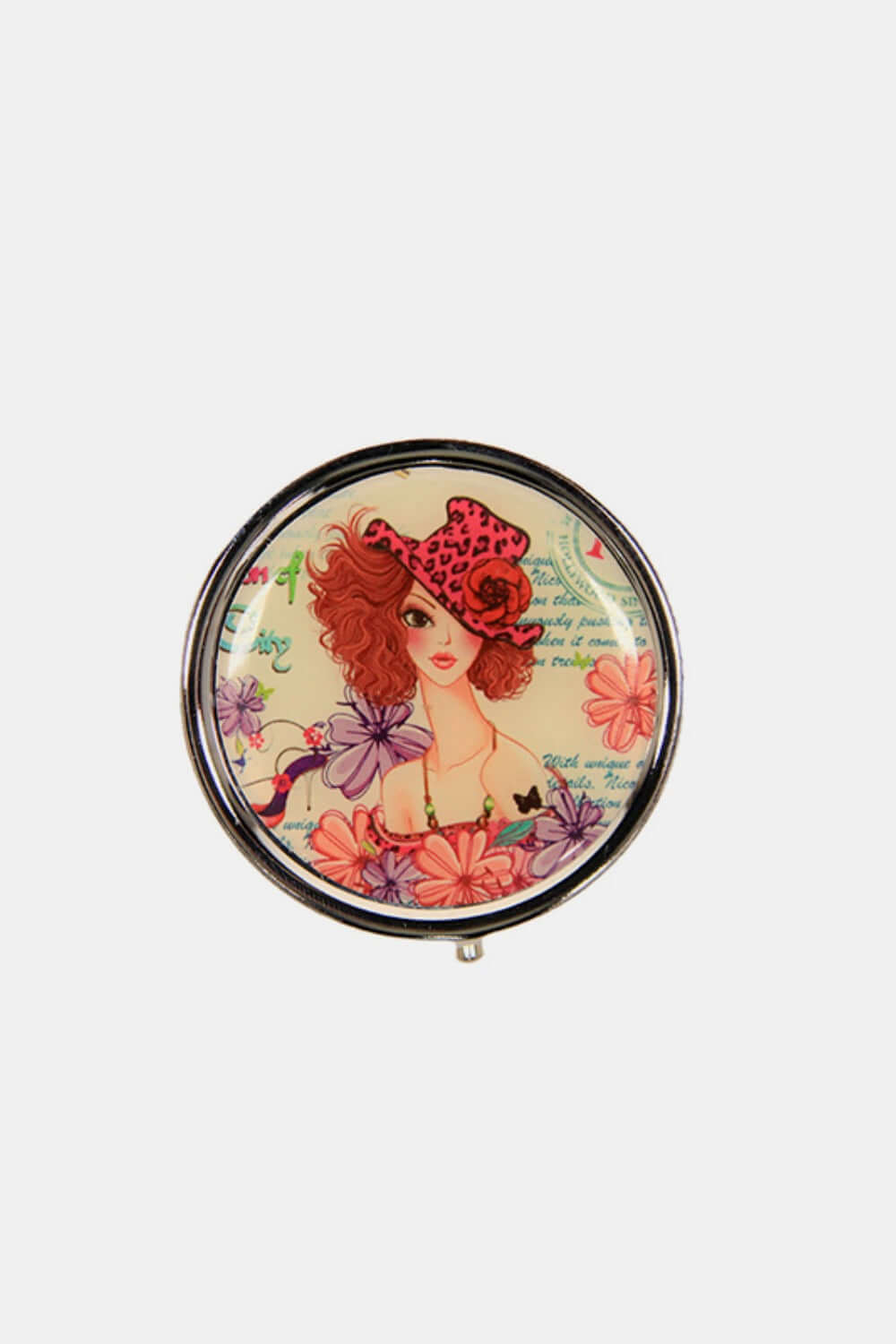 Nicole Lee USA Print Metallic Circular Large Pill Case with floral and woman design