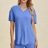 Ribbed V-Neck Short Sleeve Top and Shorts Set - Blue