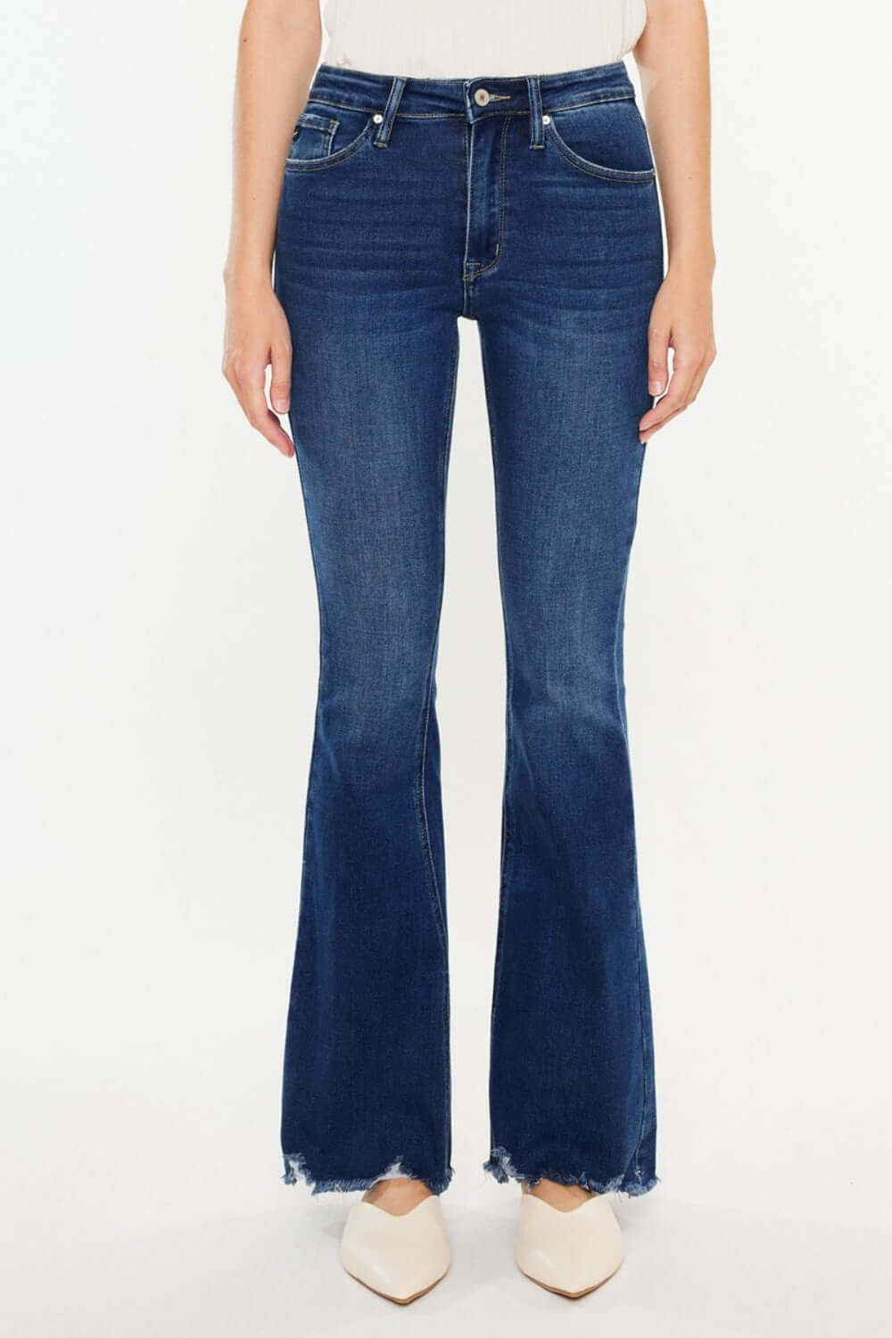 Cat's Whiskers Raw Hem Flare Jeans with edgy, sophisticated design and retro vibe, perfect for dressing up or down. Style #:KC11259D.