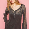 V-Neck Long Sleeve Lace Patch Top - Black