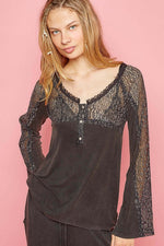 POL V-Neck Long Sleeve Lace Patch Top at Bella Road