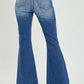 High Rise Front Slit Frayed Hem Flare Jeans by Risen Jeans, showcasing the back view with flared legs and stylish frayed hem detailing.