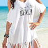 Fringe V-Neck Cold Shoulder Cover Up - White