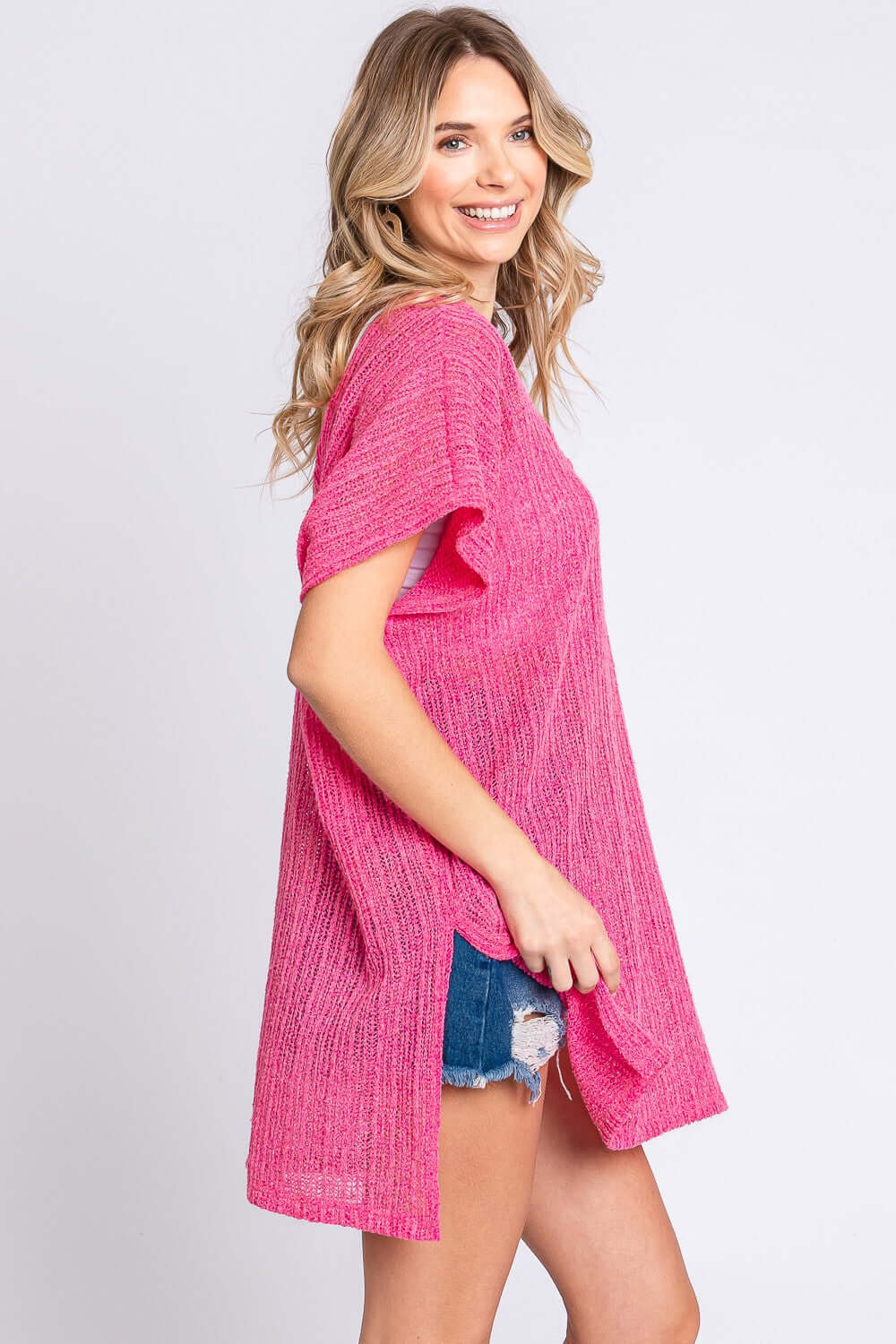 GEEGEE Short Sleeve Side Slit Knit Cover Up Dress at Bella Road