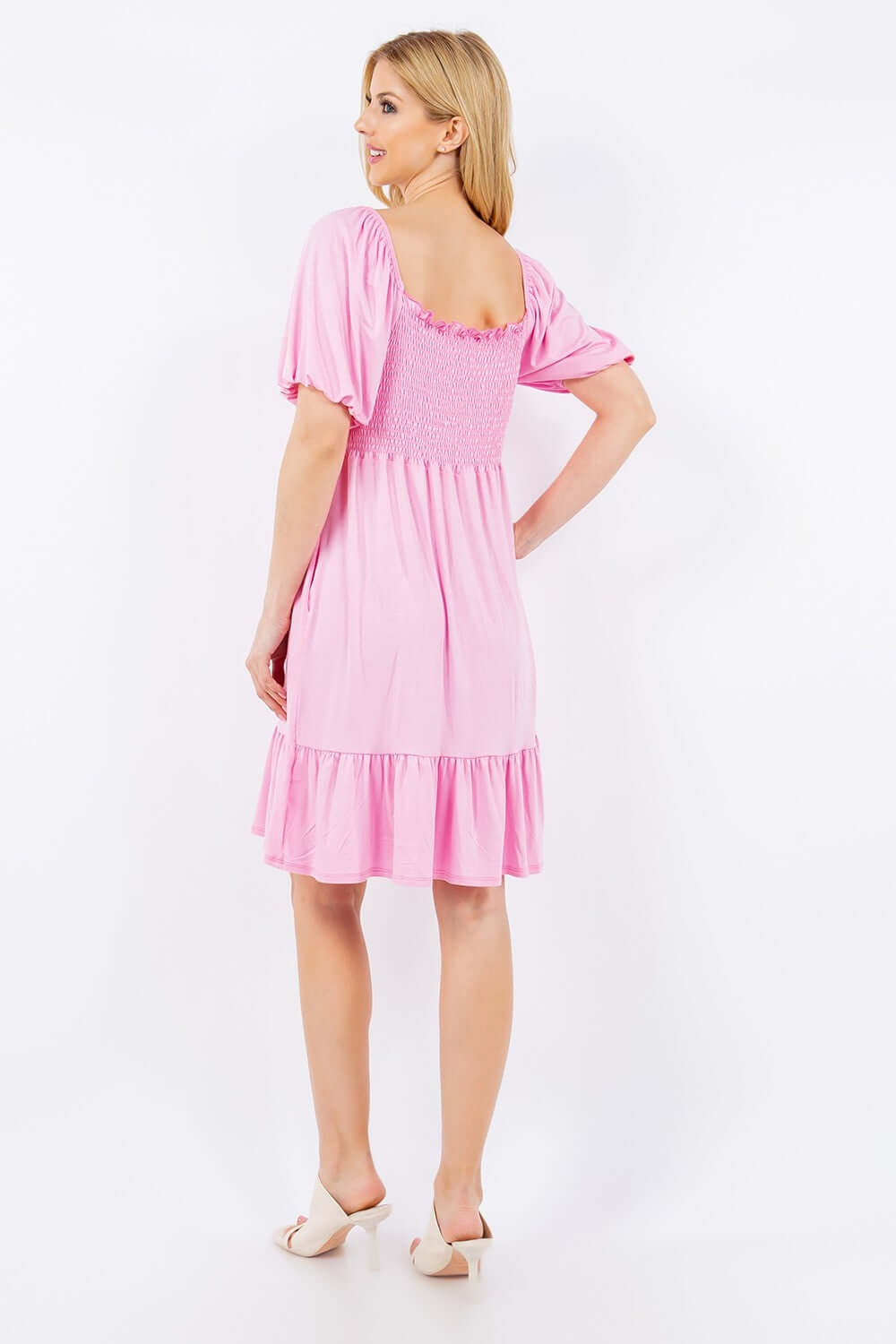 CELESTE Full Size Ruffle Hem Short Sleeve Smocked Dress at Bella Road