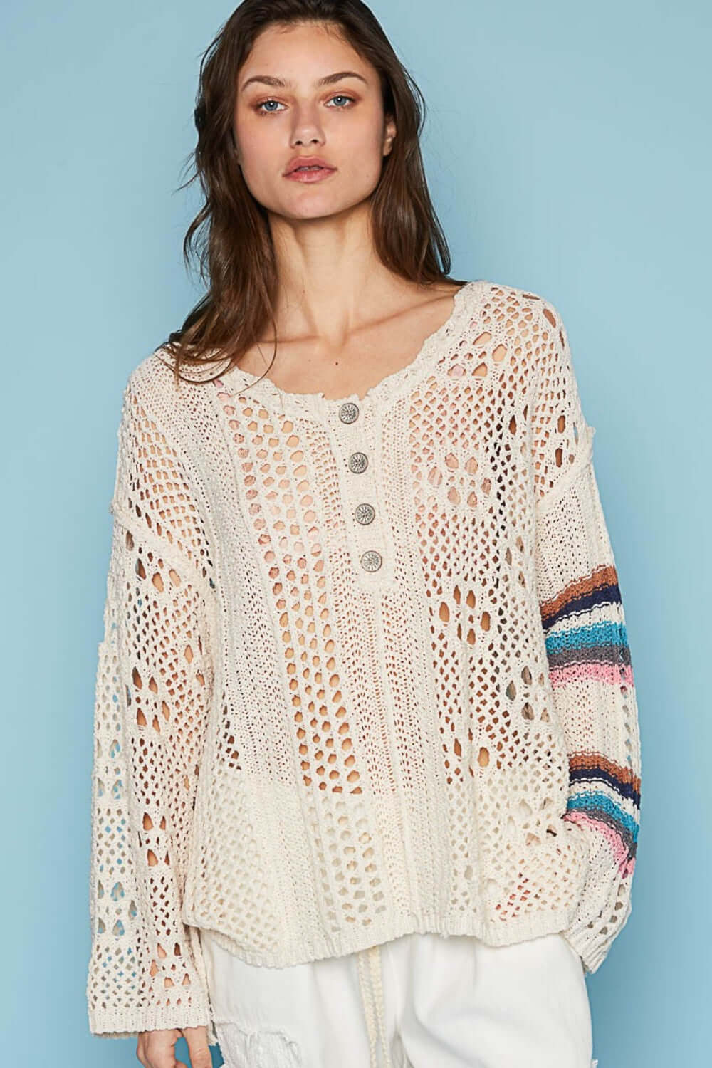 POL Round Neck Striped Long Sleeve Knit Cover Up at Bella Road