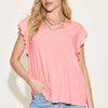 Bamboo Notched Ruffled Short Sleeve T-Shirt - Blush Pink