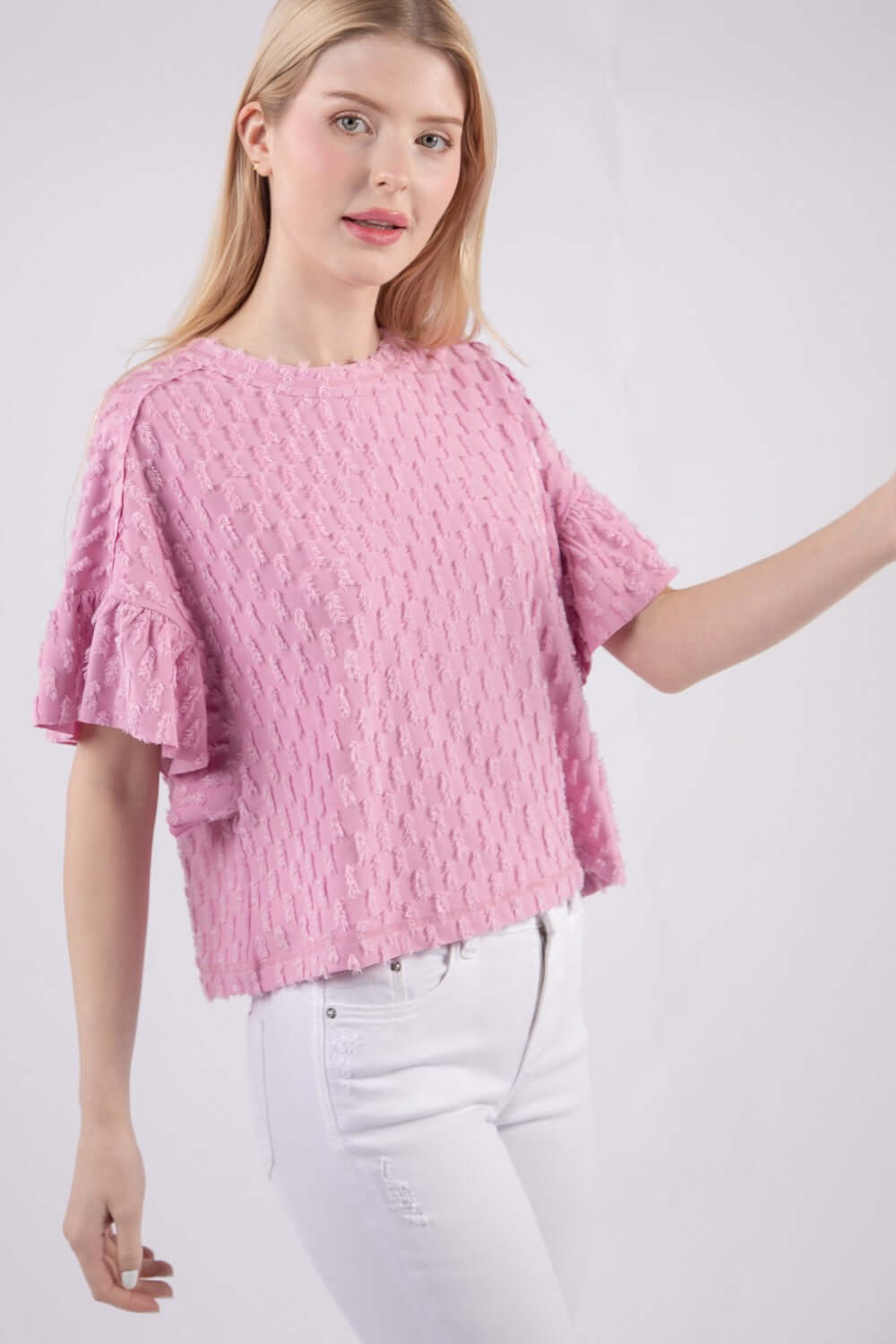 VERY J Full Size Texture Ruffle Short Sleeve Top at Bella Road