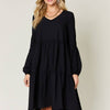 V-Neck Balloon Sleeve Tiered Dress | Full Size - Black