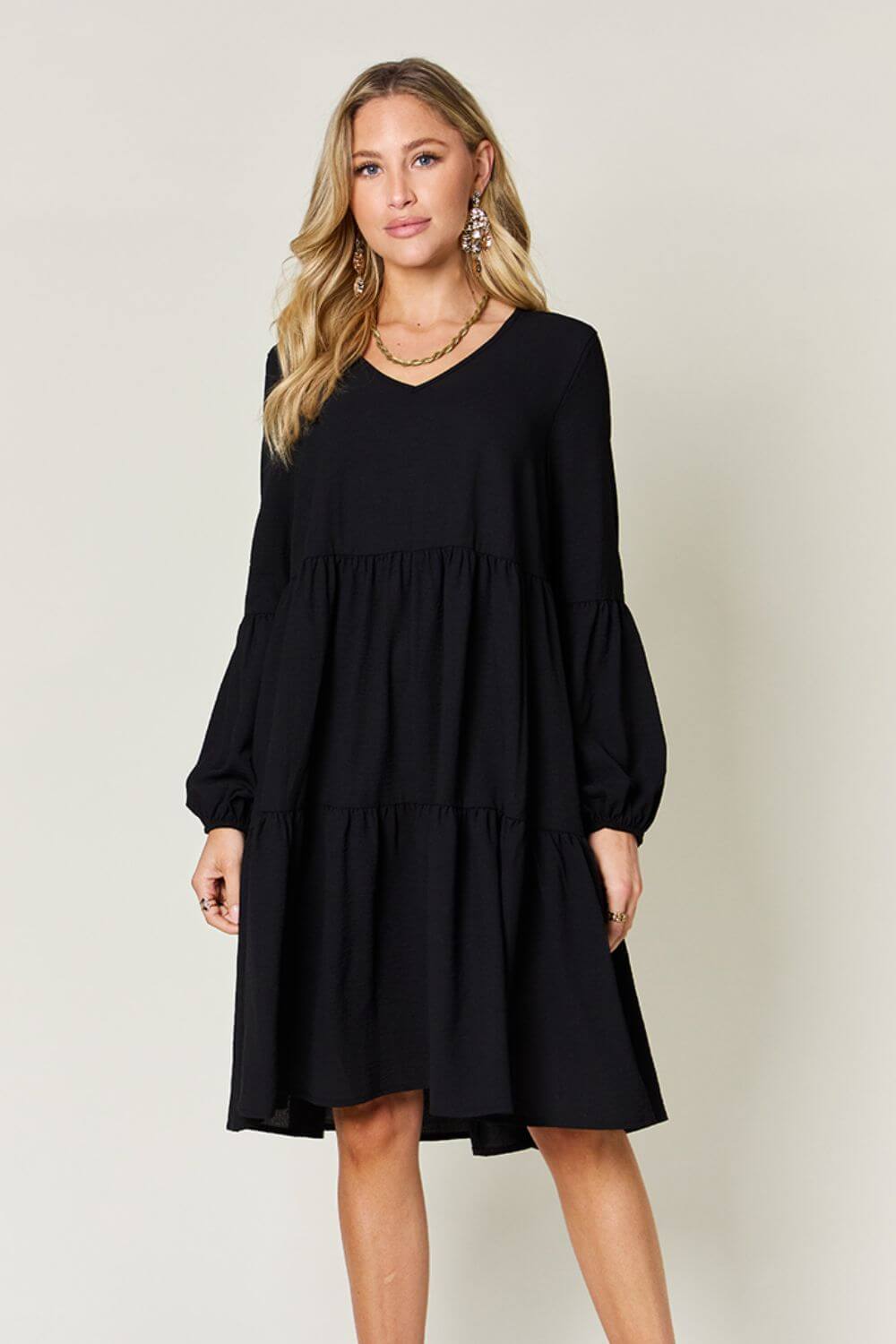 DOUBLE TAKE Full Size V-Neck Balloon Sleeve Tiered Dress at Bella Road