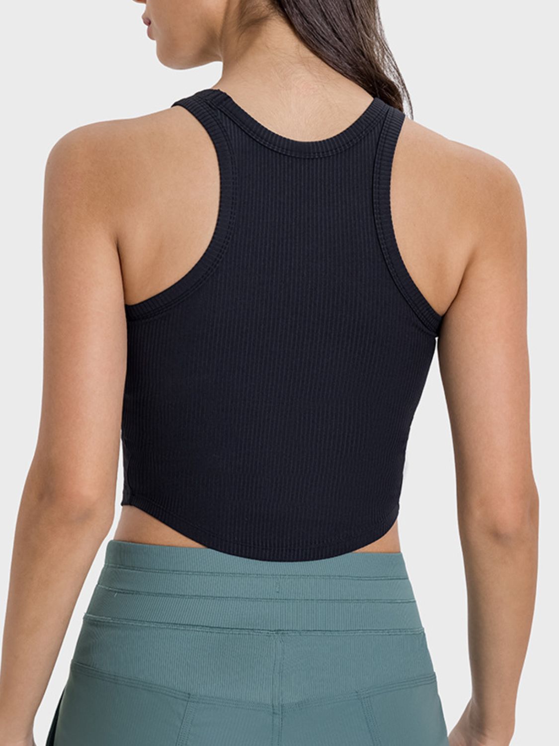 Back view of the Millennia Round Neck Racerback Active Tank, featuring a sleek black design and ribbed texture.