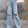 Bella Road Distressed Wide Leg Jeans with Pockets - Light