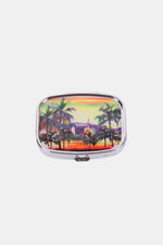 Nicole Lee USA Print Metallic Rectangular Pill Case with Palm Trees and Sunset Design, Compact and Durable with Push Lock Closure