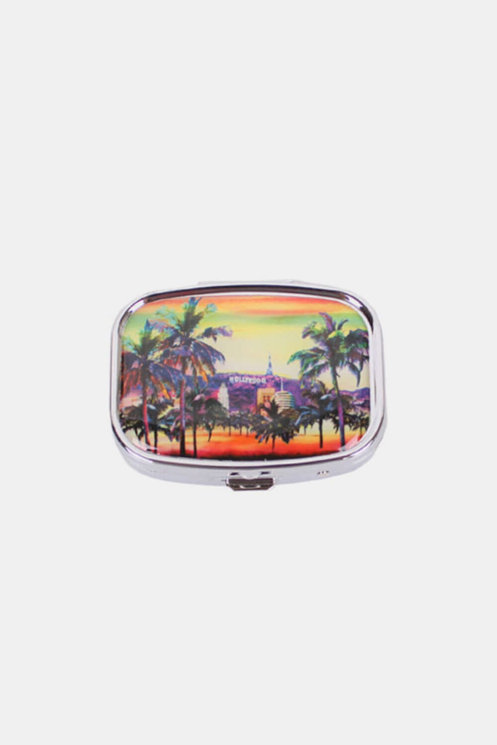 Nicole Lee USA Print Metallic Rectangular Pill Case with Palm Trees and Sunset Design, Compact and Durable with Push Lock Closure