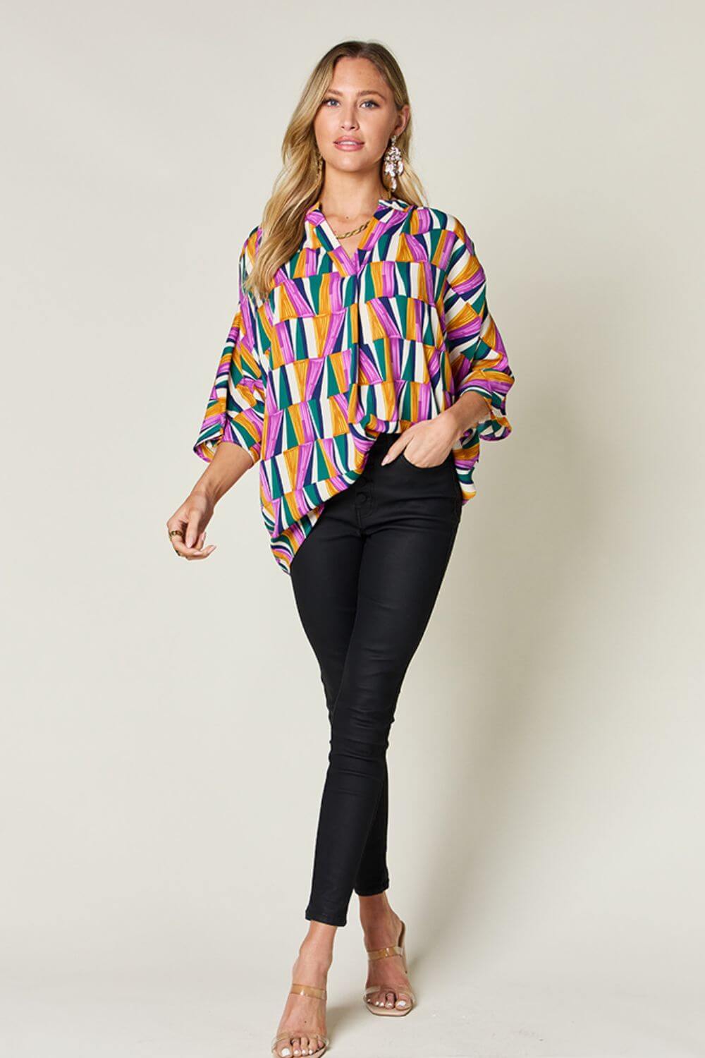 DOUBLE TAKE Full Size Geometric Notched Raglan Sleeve Blouse at Bella Road