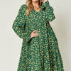 Printed Ruffle Hem Long Sleeve Dress | Full Size - Green