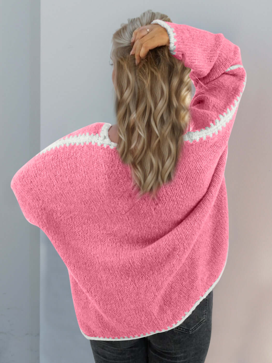 Stylish pink open front cardigan with dropped shoulders, relaxed fit, and chic design from the Double Take Contrast Collection.