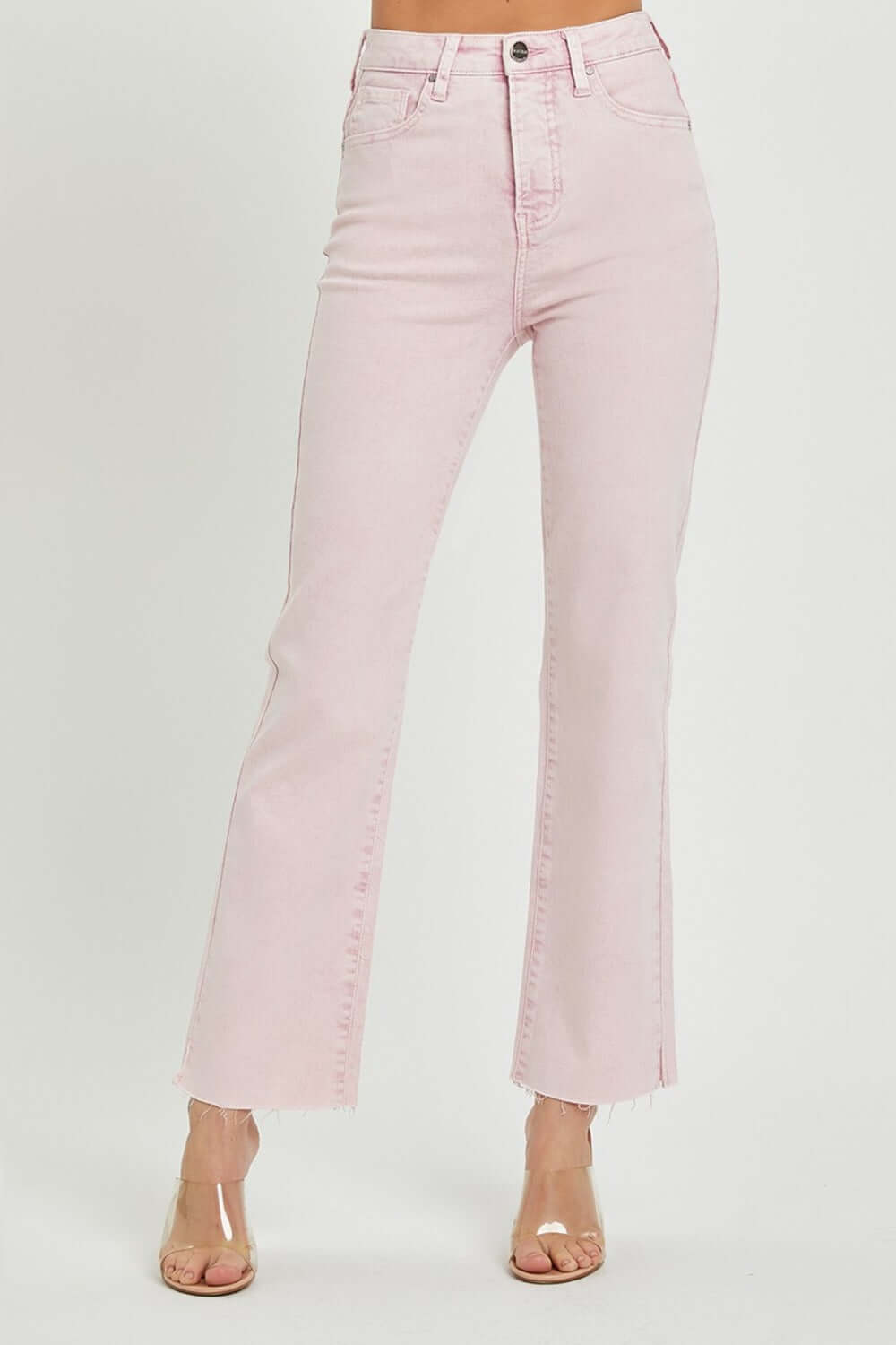 RISEN full-size high-rise pink jeans with tummy control and raw hem, women's fashion.