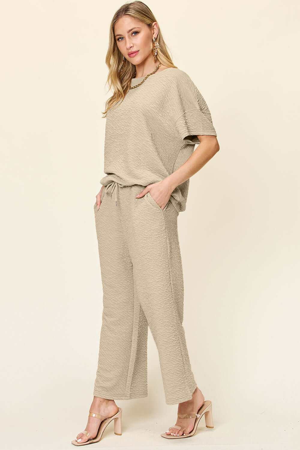 DOUBLE TAKE Full Size Texture Short Sleeve Top and Pants Set at Bella Road