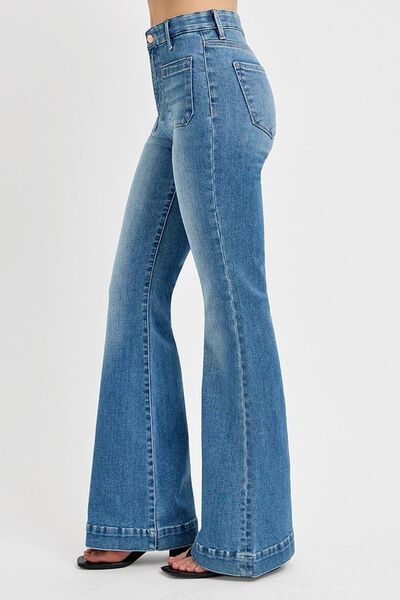 Side view of RISEN Full Size Front Patch Pocket Flare Jeans showcasing a retro flared leg design and stylish pockets.