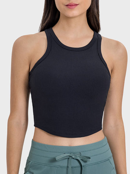 Millennia Round Neck Racerback Active Tank in black, featuring a stylish cropped design and moderate stretch for active wear.