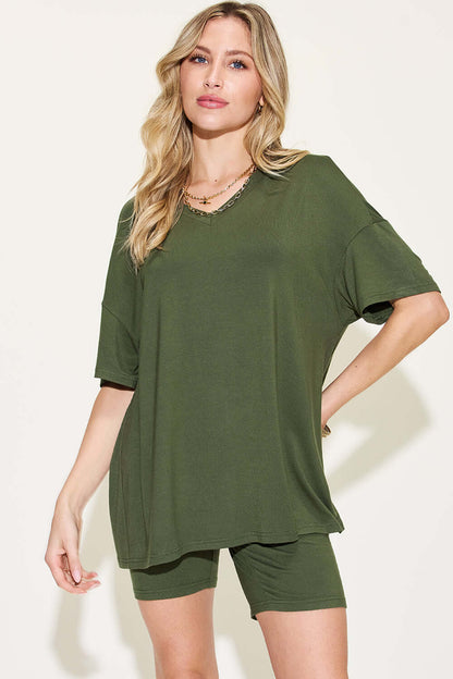 BASIC BAE Full Size V-Neck Drop Shoulder T-Shirt and Shorts Set at Bella Road