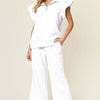 Texture Ruffle Short Sleeve Top and Drawstring Wide Leg Pants Set - White