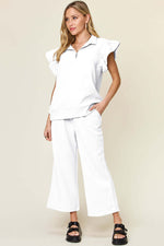 DOUBLE TAKE Texture Ruffle Short Sleeve Top and Drawstring Wide Leg Pants Set at Bella Road