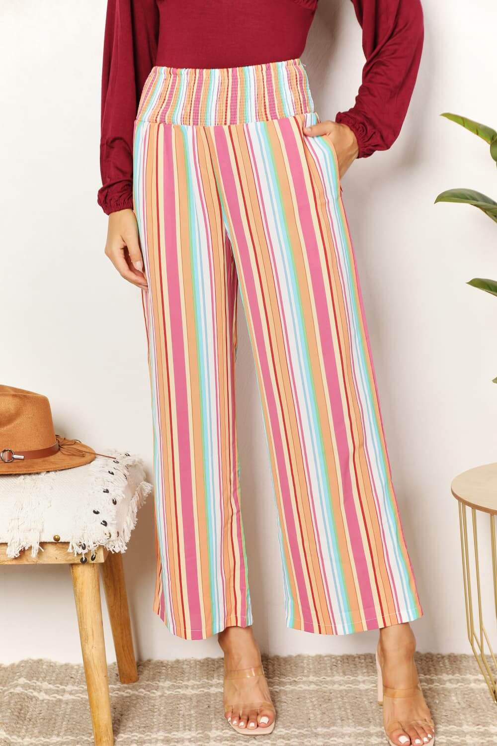 DOUBLE TAKE Striped Smocked Waist Pants with Pockets at Bella Road