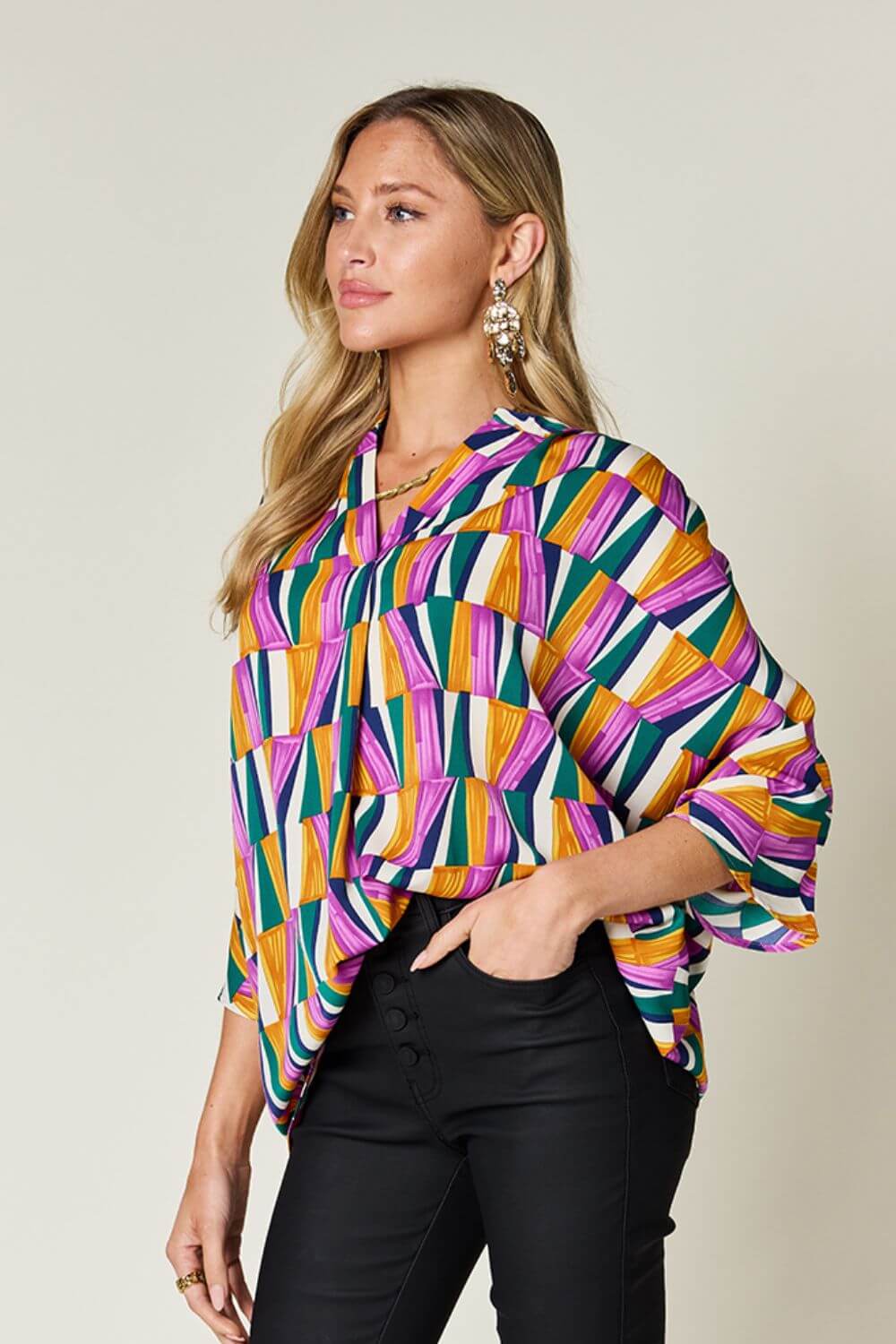 DOUBLE TAKE Full Size Geometric Notched Raglan Sleeve Blouse at Bella Road