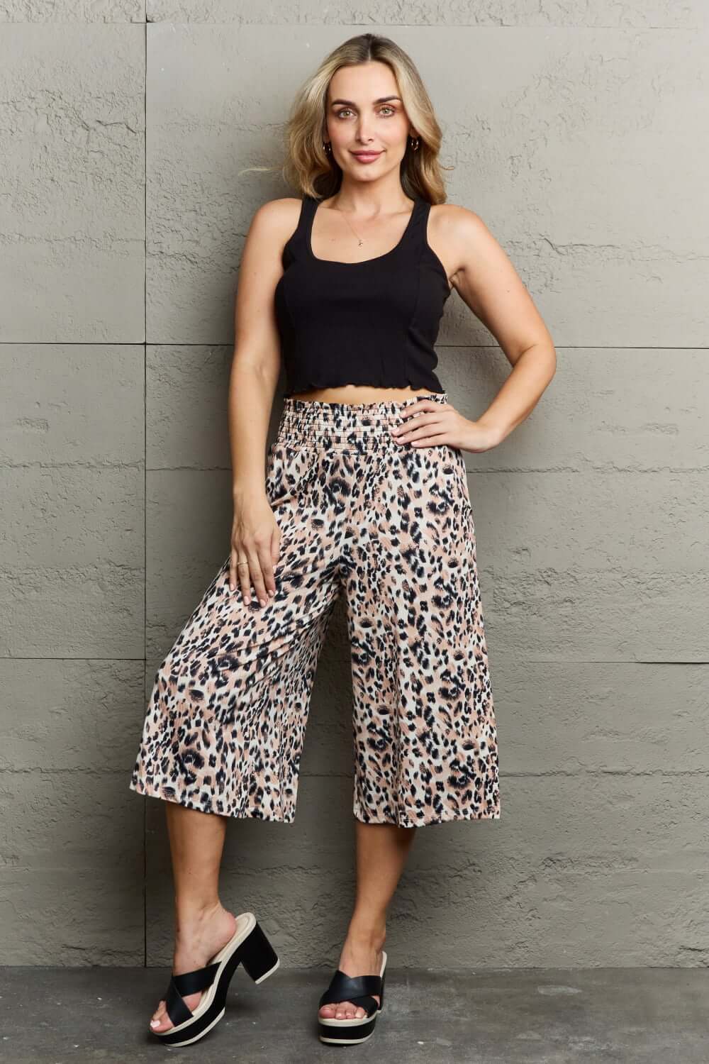 NINEXIS Leopard High Waist Flowy Wide Leg Pants with Pockets at Bella Road