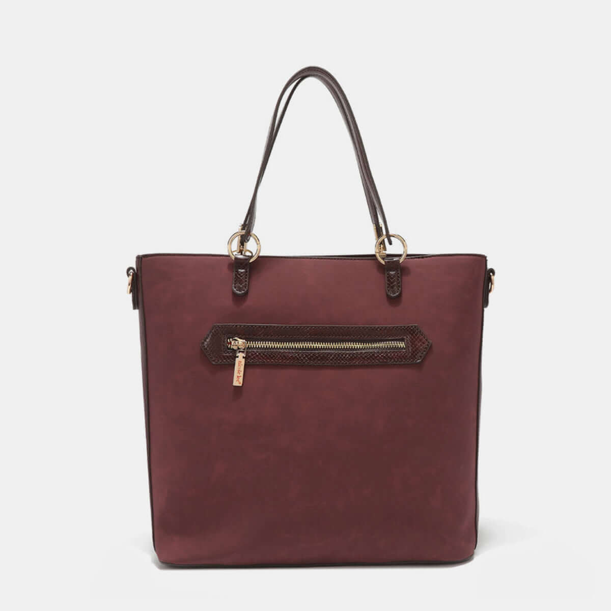 Nicole Lee USA Metallic Stitching Embroidery Inlaid Rhinestone Tote Bag in maroon with front zipper pocket and dual straps.