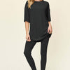 Round Neck Dropped Shoulder T-Shirt and Leggings Set | Full Size - Black