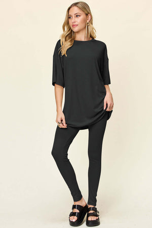 DOUBLE TAKE Full Size Round Neck Dropped Shoulder T-Shirt and Leggings Set at Bella Road