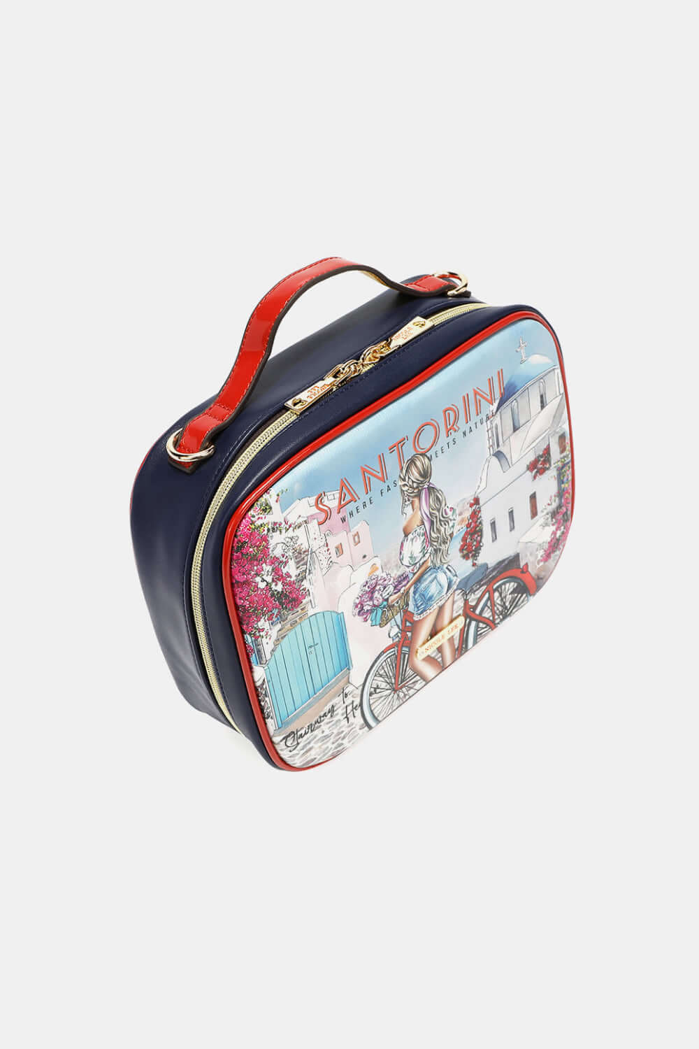 Nicole Lee USA printed handbag with Santorini design and three pouches, made of pebbled and glossy patent leather