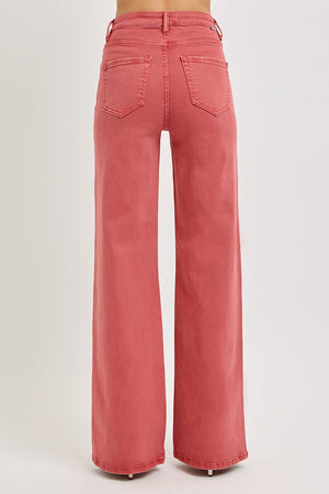 Coral high rise wide leg jeans with tummy control for a flattering retro look