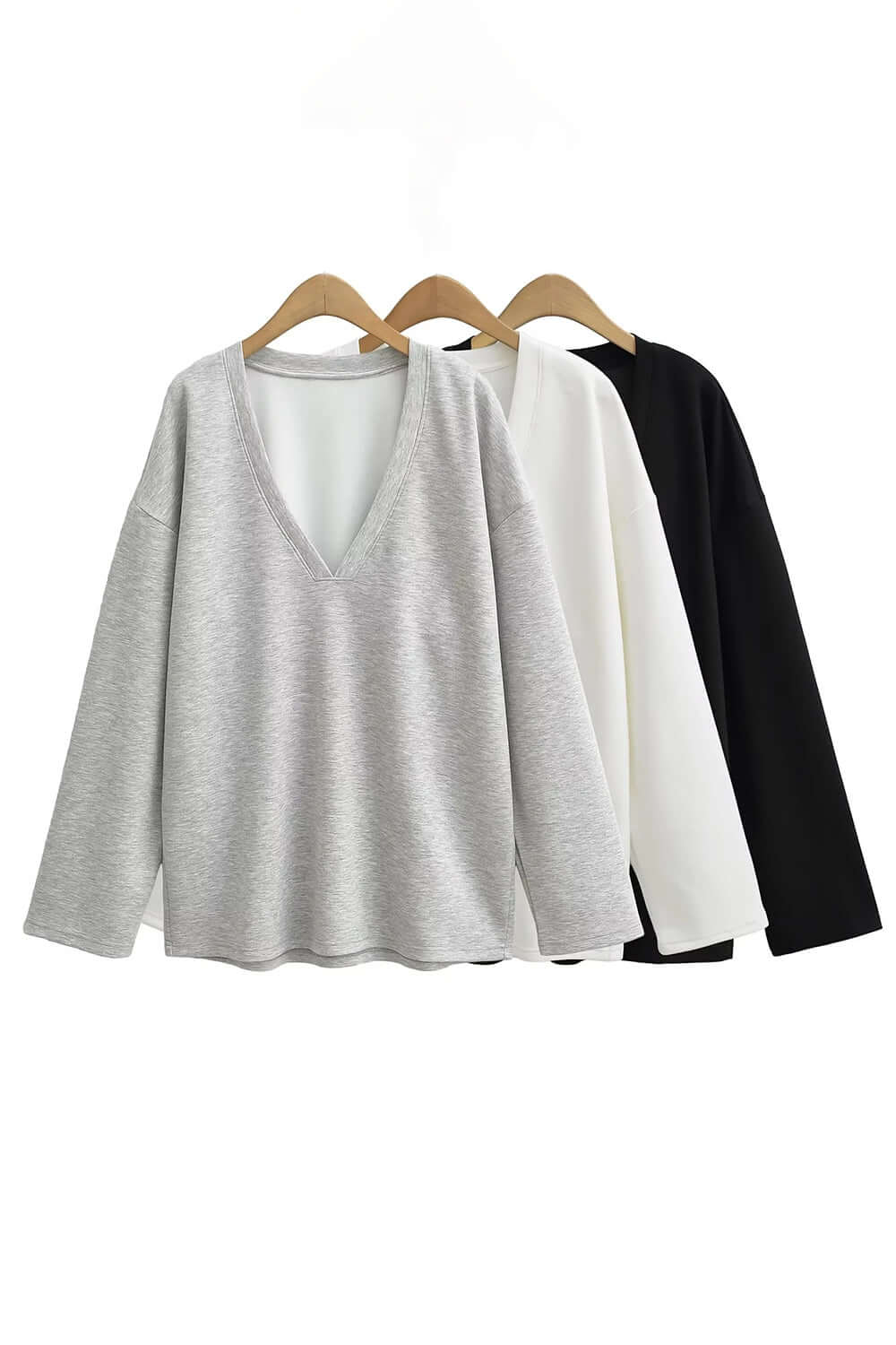 Basic Bae V-Neck Dropped Shoulder Long Sleeve Sweatshirt with Built-in Bra in gray, white, and black colors.