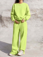 Lime Bella Road Round Neck Long Sleeve Top and Elastic Waist Pants Set – Trendy two-piece outfit for style and comfort.