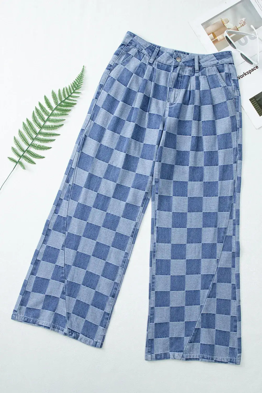 Bella Road Checkered Wide Leg Jeans with pockets on white background, showcasing unique checkered pattern and spacious pockets.